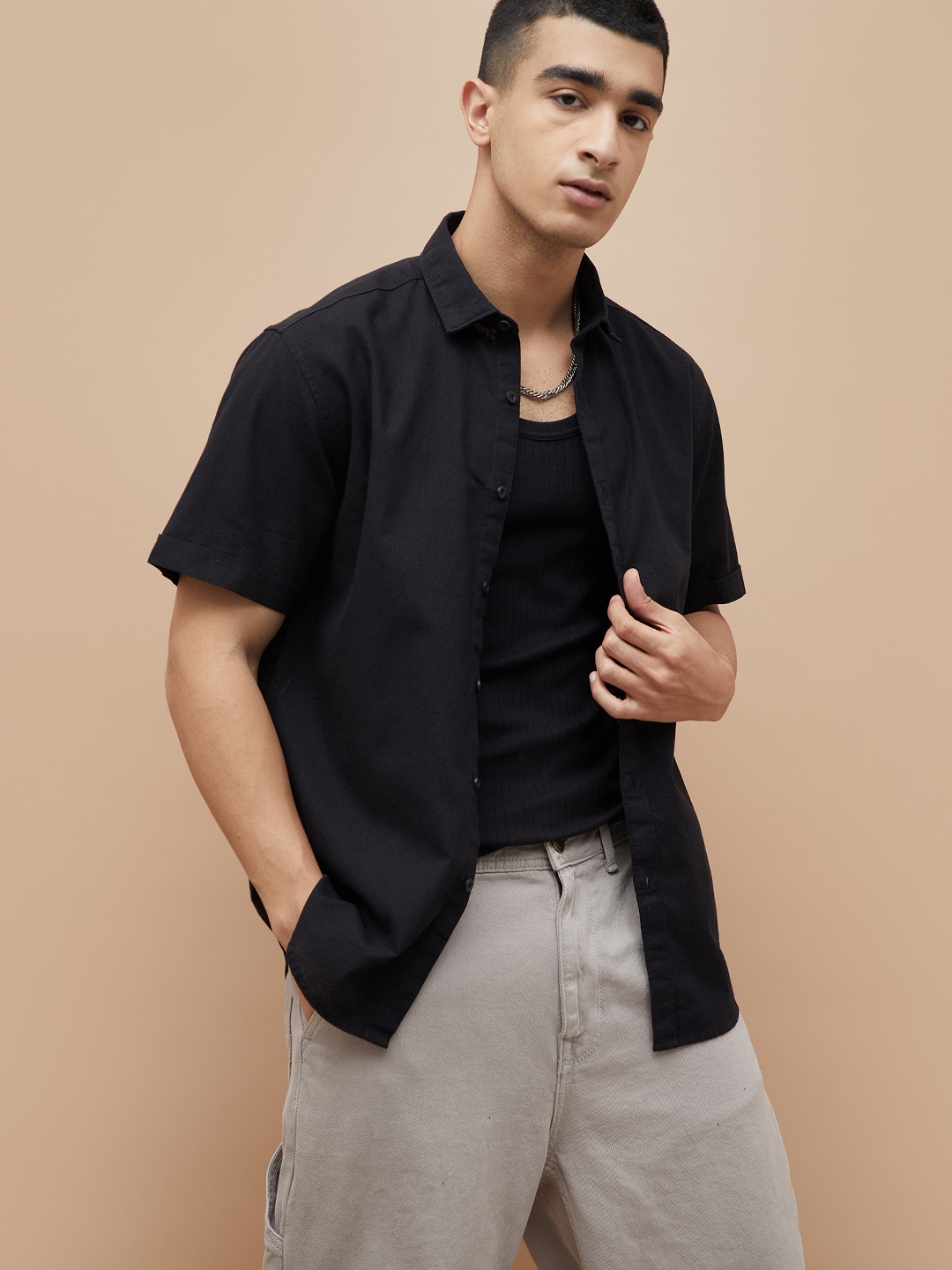 

Fame Forever by Lifestyle Slim Fit Spread Collar Cotton Linen Casual Shirt, Black