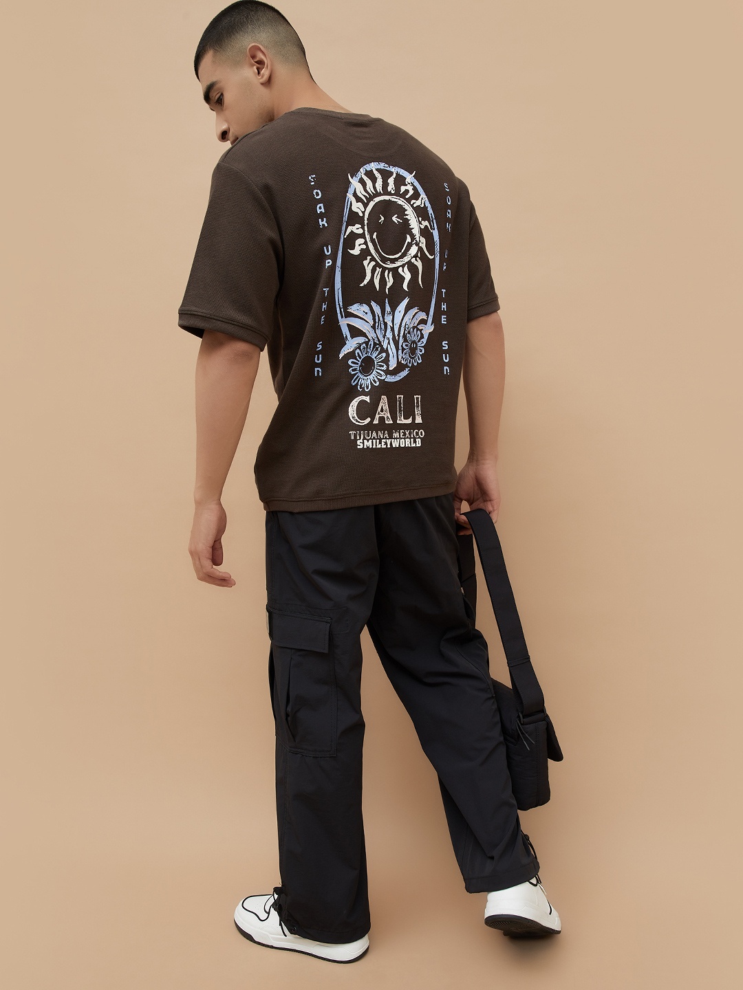SmileyWorld Men Typography Printed Pockets T-shirt, Brown