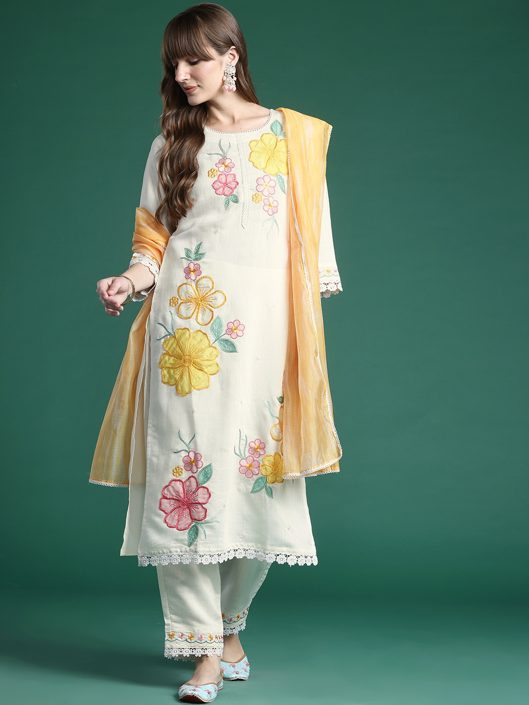 

Indo Era Floral Embroidered Thread Work Kurta with Trousers & With Dupatta, White