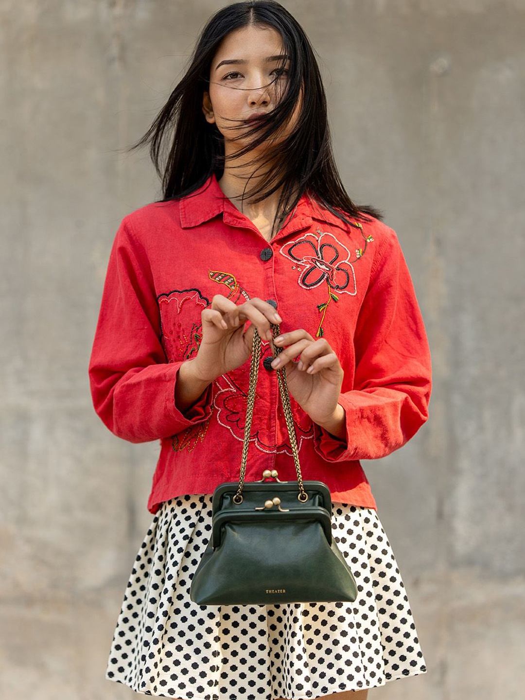 

Theater Structured Sling Bag with Cut Work, Green