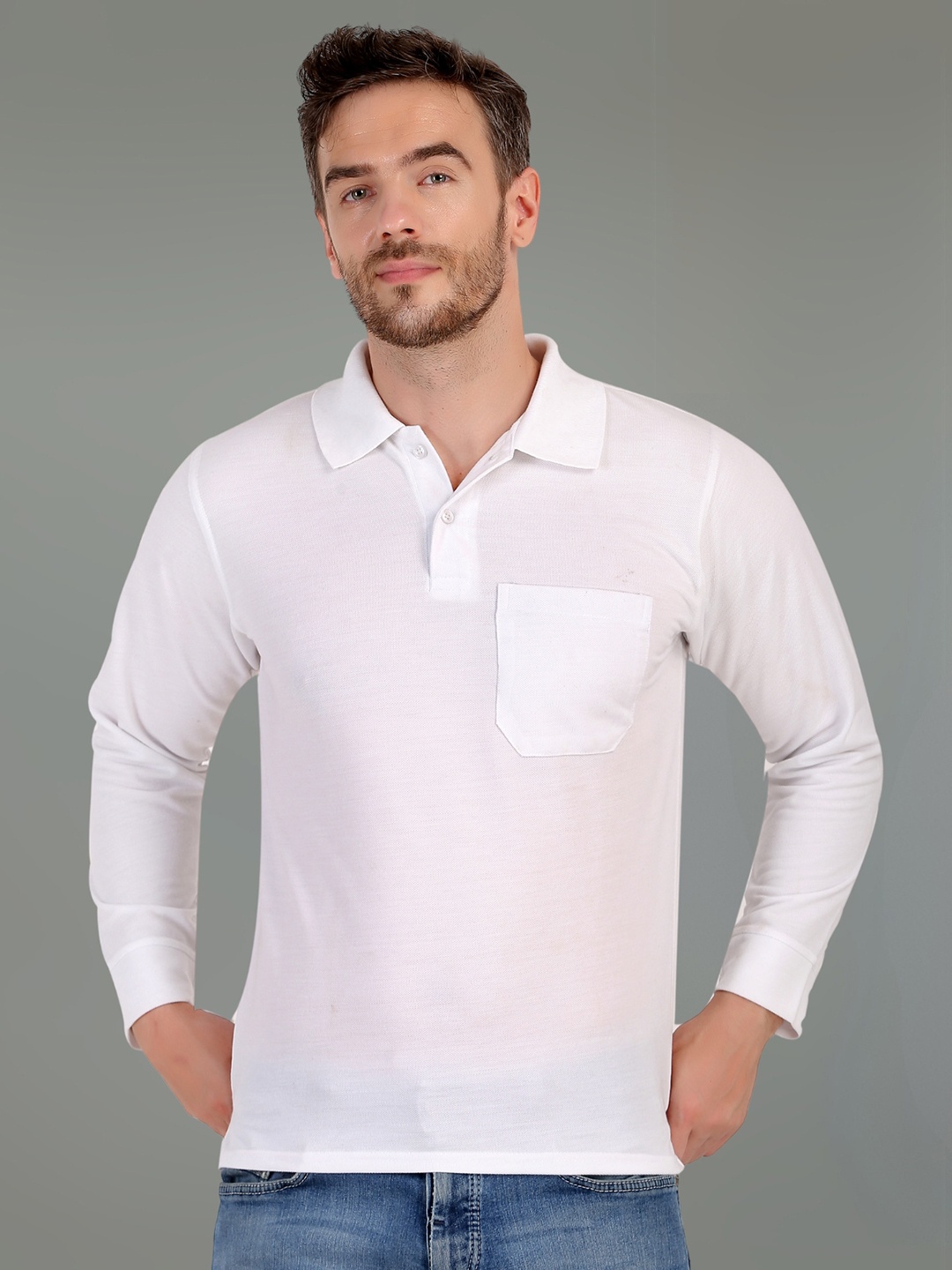 

SMAN Men Solid Polo Collar Cotton T-shirt, White