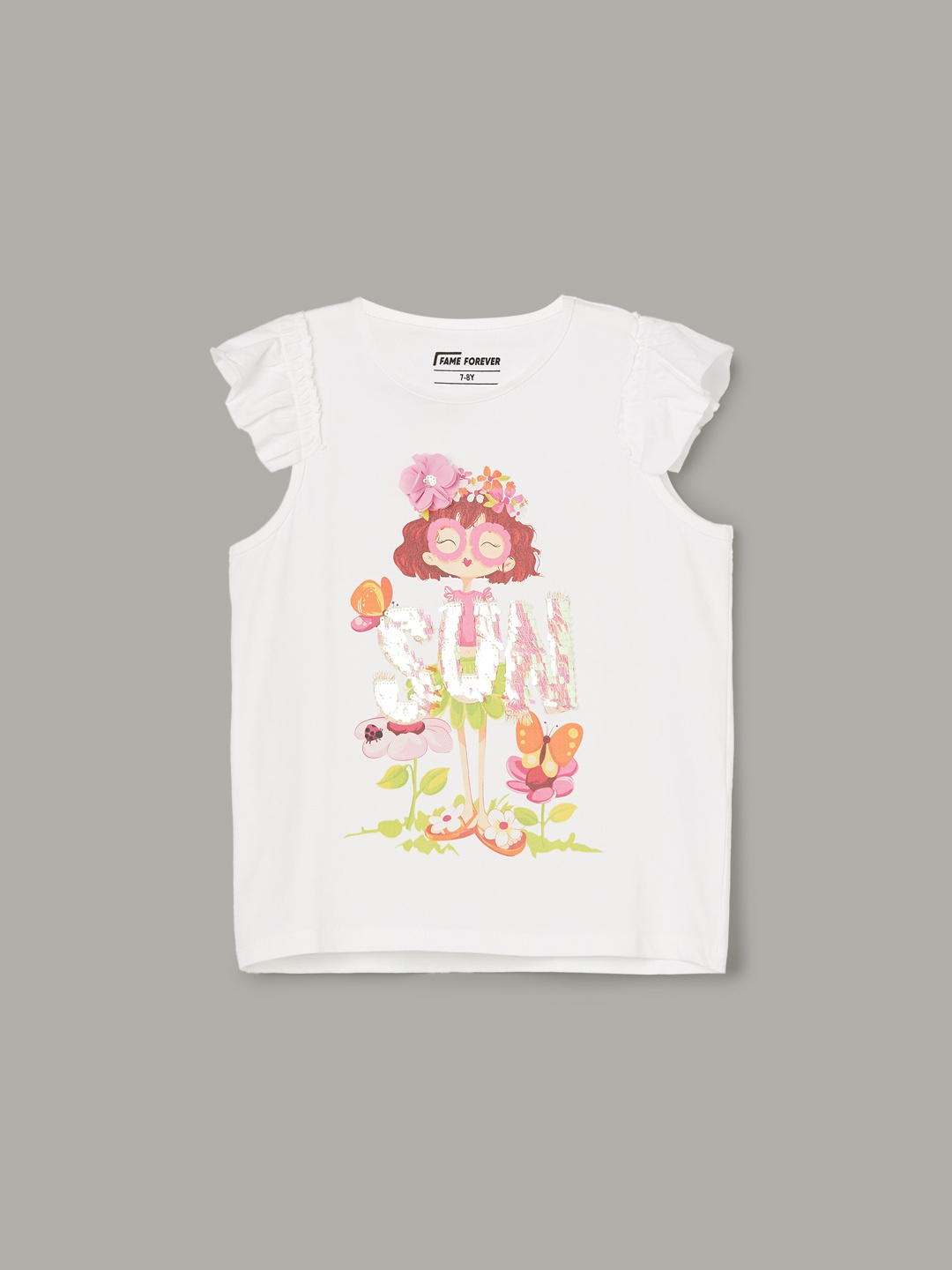 

Fame Forever by Lifestyle Girls Floral Printed Extended Sleeves Applique T-shirt, White