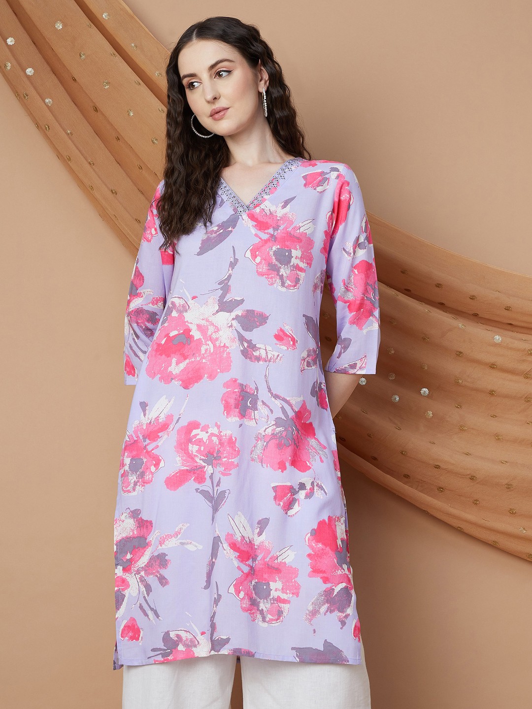 

Melange by Lifestyle Floral Printed V Neck Thread Work Straight Kurta, Purple
