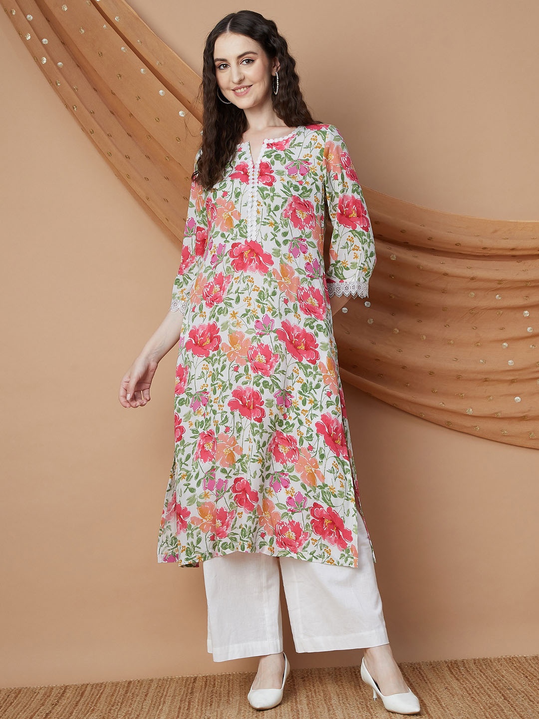 

Melange by Lifestyle Floral Printed Notch Neck Flared Sleeves Kurta, Off white