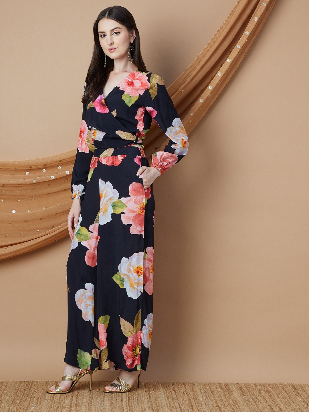 

Melange by Lifestyle Floral Printed V-Neck Top & Trousers, Black