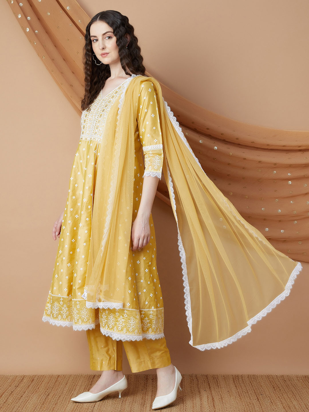 

Melange by Lifestyle Floral Embroidered Sequinned V-Neck Kurta with Pyjamas & Dupatta, Mustard