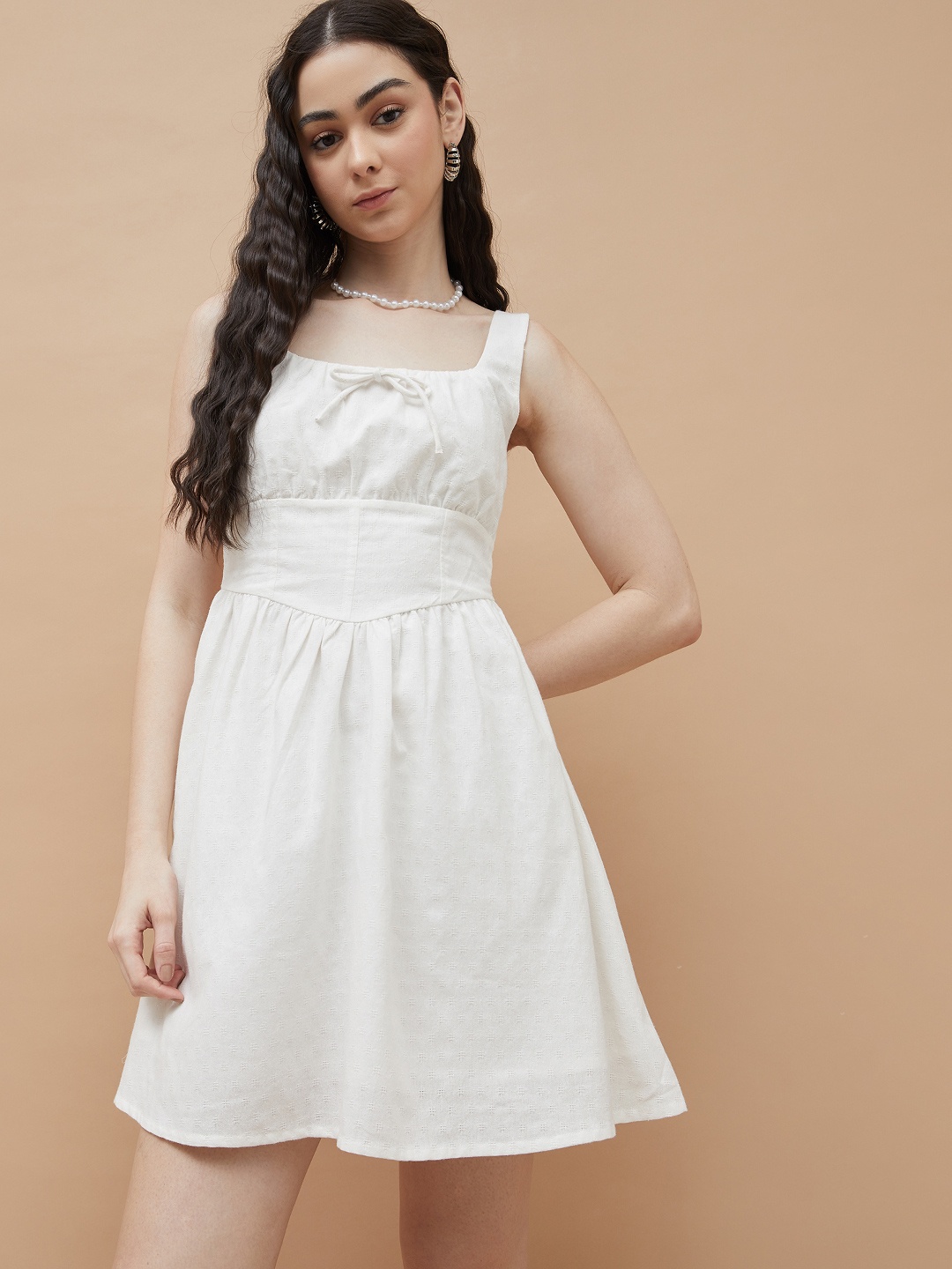 

Ginger by Lifestyle Women Square Neck Smocked Above Knee Fit & Flare Mini Dress, Off white