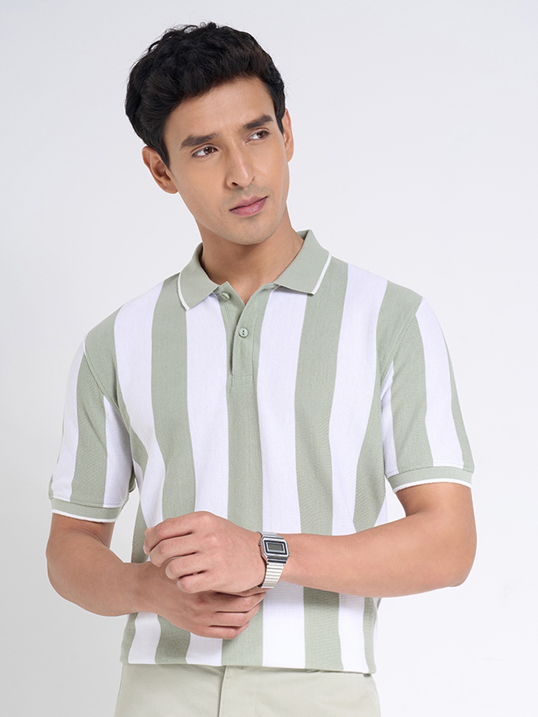 

Peregrine by Pantaloons Men Striped Polo Collar Pockets Slim Fit T-shirt, Green