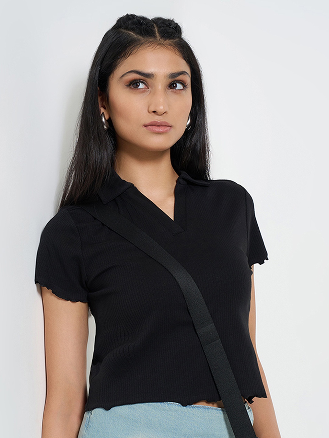 

SF JEANS by Pantaloons Cotton Shirt Style Top, Black