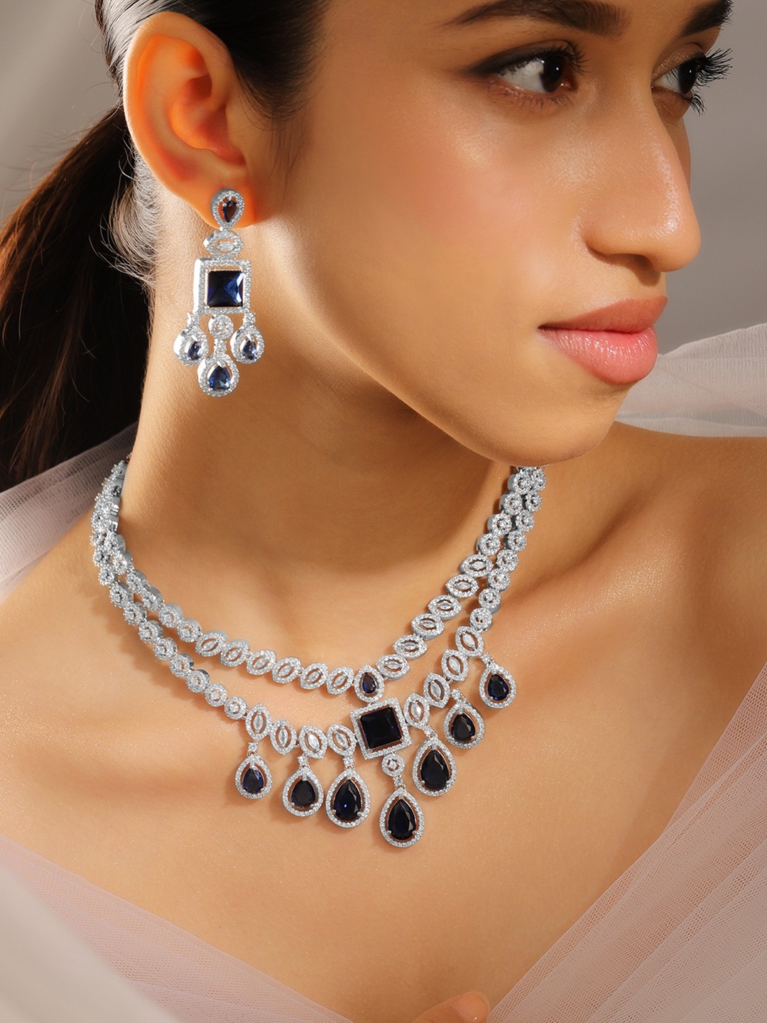 

Rubans Rhodium-Plated Blue Sapphire & AAA Cubic Zirconia Luxe Jewellery Set, Silver