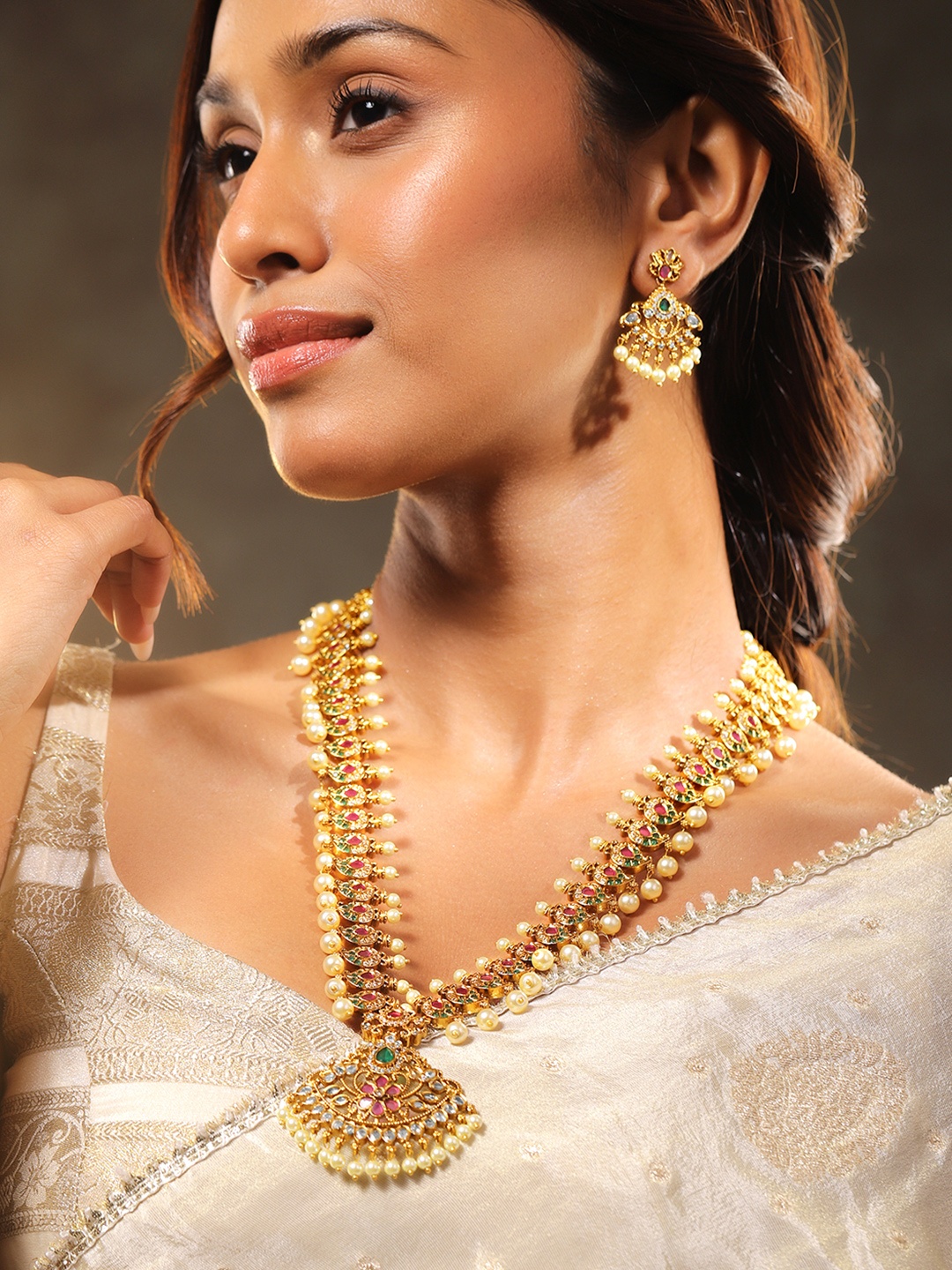 

Rubans 24K Gold-Plated Ruby, Emerald, White CZ & Pearl Beaded Long Temple Jewellery Set