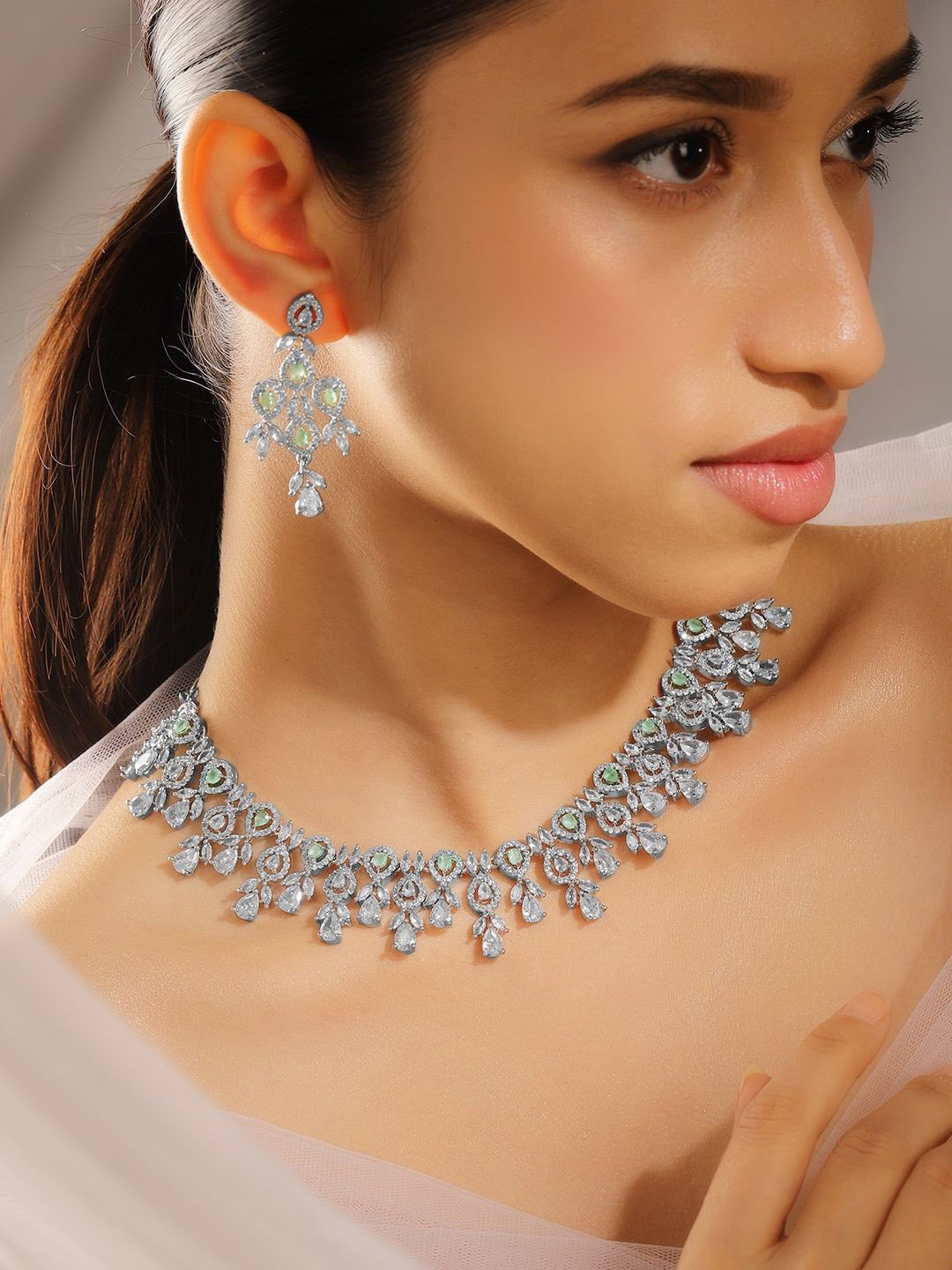 

Rubans Rhodium-Plated Mint Green & White Cubic Zirconia Studded Premium Necklace Set, Silver