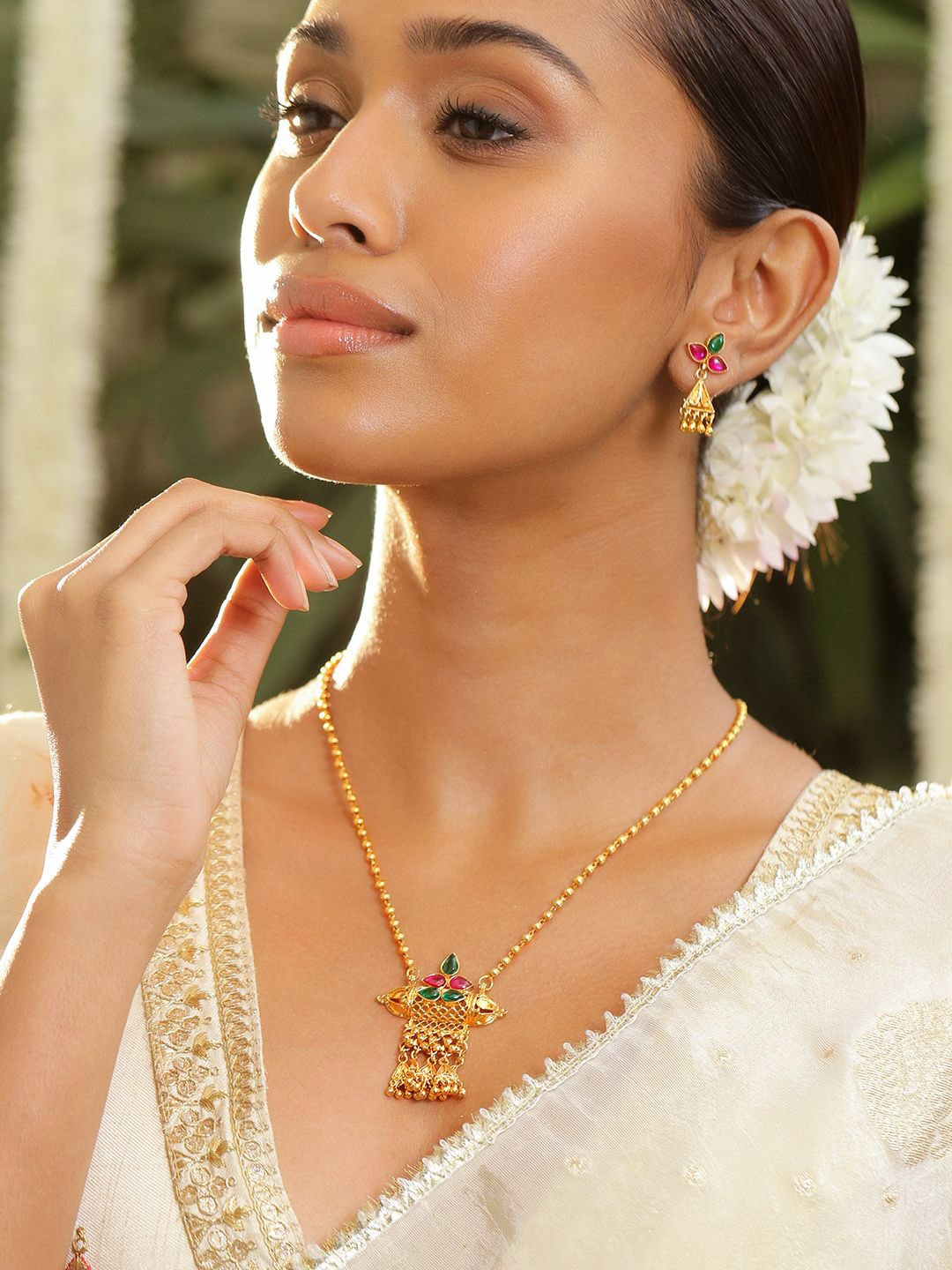 

Rubans 18K Gold-Plated Ruby Pink & Emerald Temple Necklace Set with Golden Bead Accents