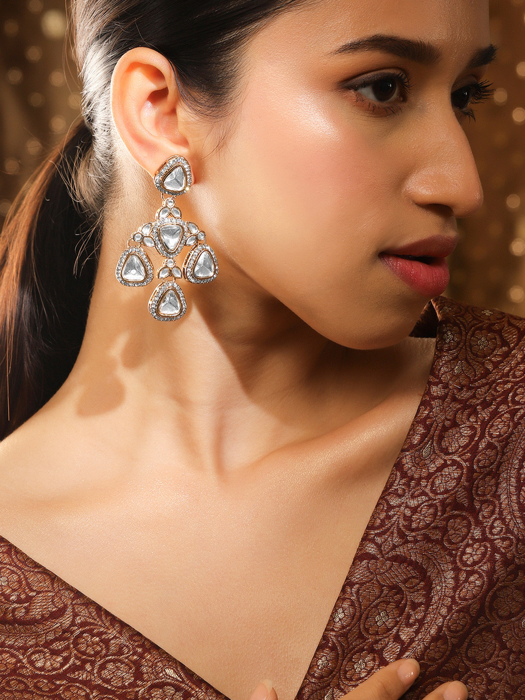 

Rubans 22K Gold-Plated White & Clear Stone & Cubic Zirconia Studded Chandelier Earrings