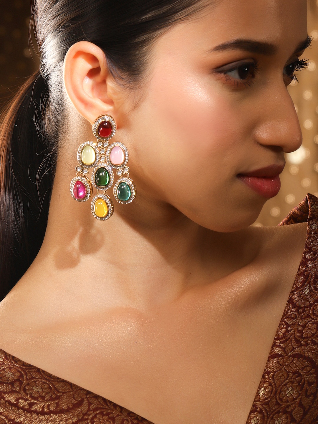 

Rubans 22K Gold-Plated Multicolor Oval Stone & Cubic Zirconia Studded Chandelier Earrings