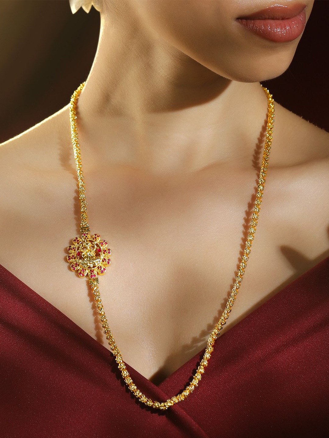 

Rubans 22K Gold-Plated Handcrafted Long Necklace with Ruby Pink Accented Side Pendant