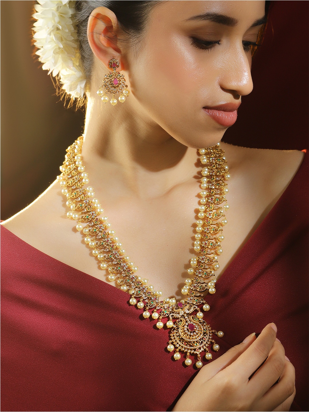 

Rubans 24K Gold-Plated Long Temple Jewellery Set with Ruby, Emerald, White CZ & Pearl Bead