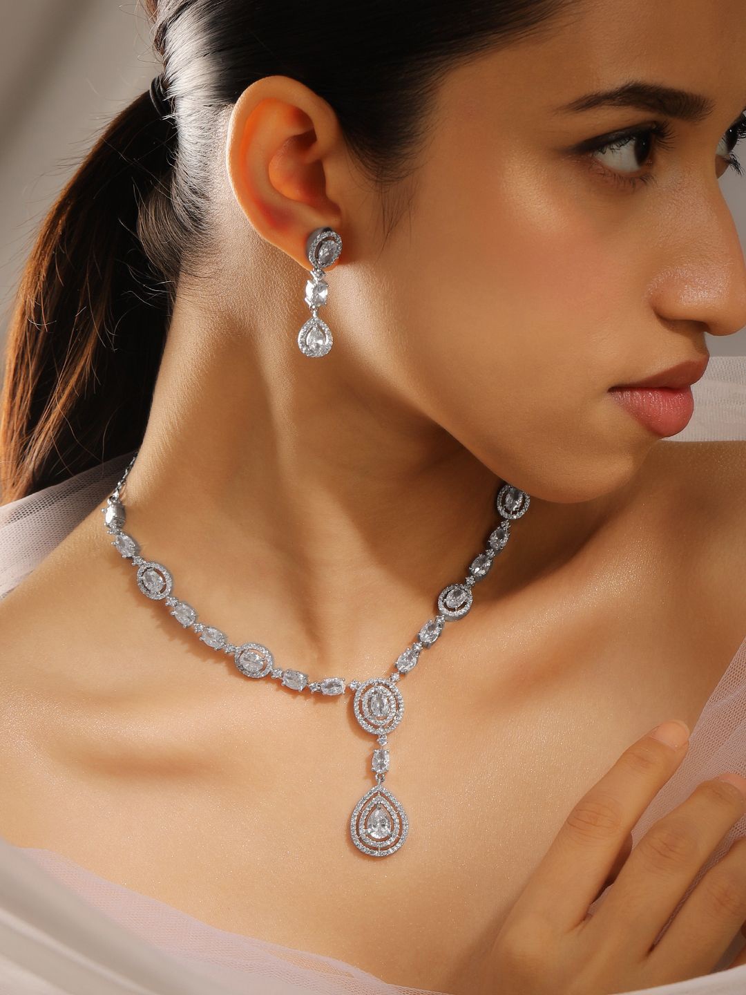 

Rubans Rhodium-Plated Silver Tone AAA Cubic Zirconia Studed Luxe Statement Necklace Set
