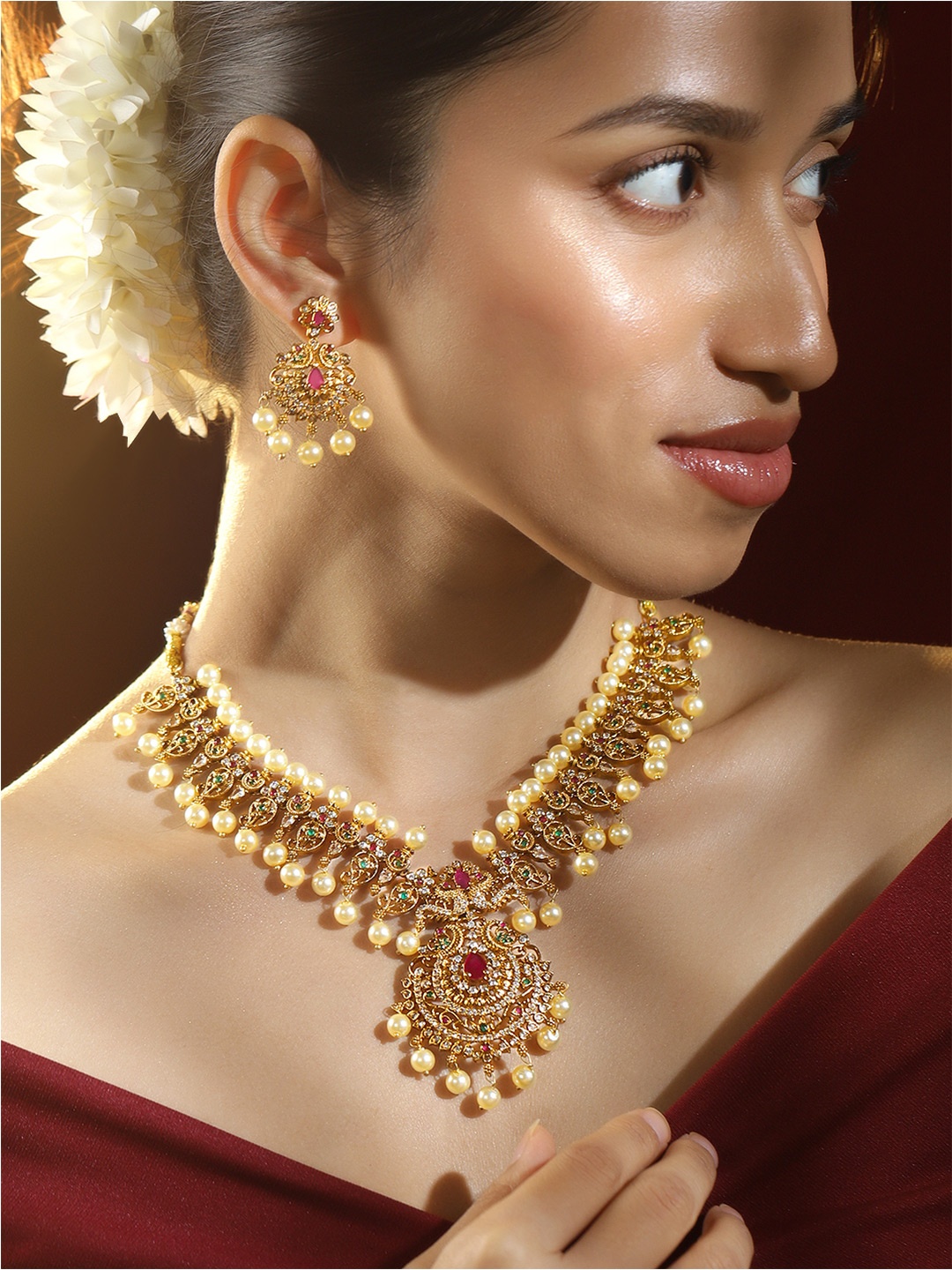 

Rubans 24K Gold-Plated Ruby Emerald White CZ & Pearl Beads Studded Temple Jewellery Set