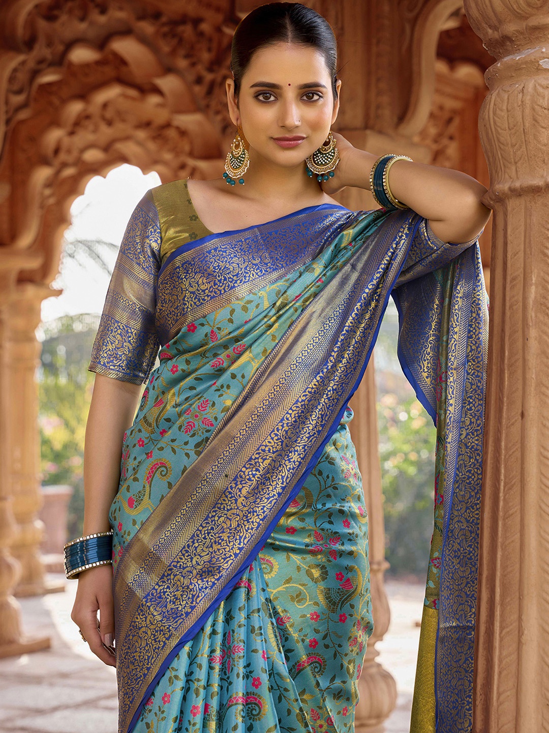 

Satrani Woven Design Zari Pure Silk Kanjeevaram Saree, Blue