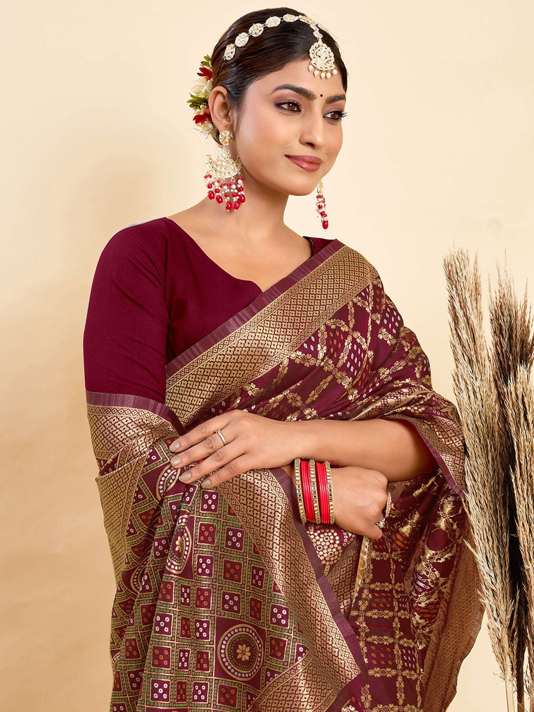 

KALINI Woven Design Zari Silk Blend Kanjeevaram Saree, Maroon