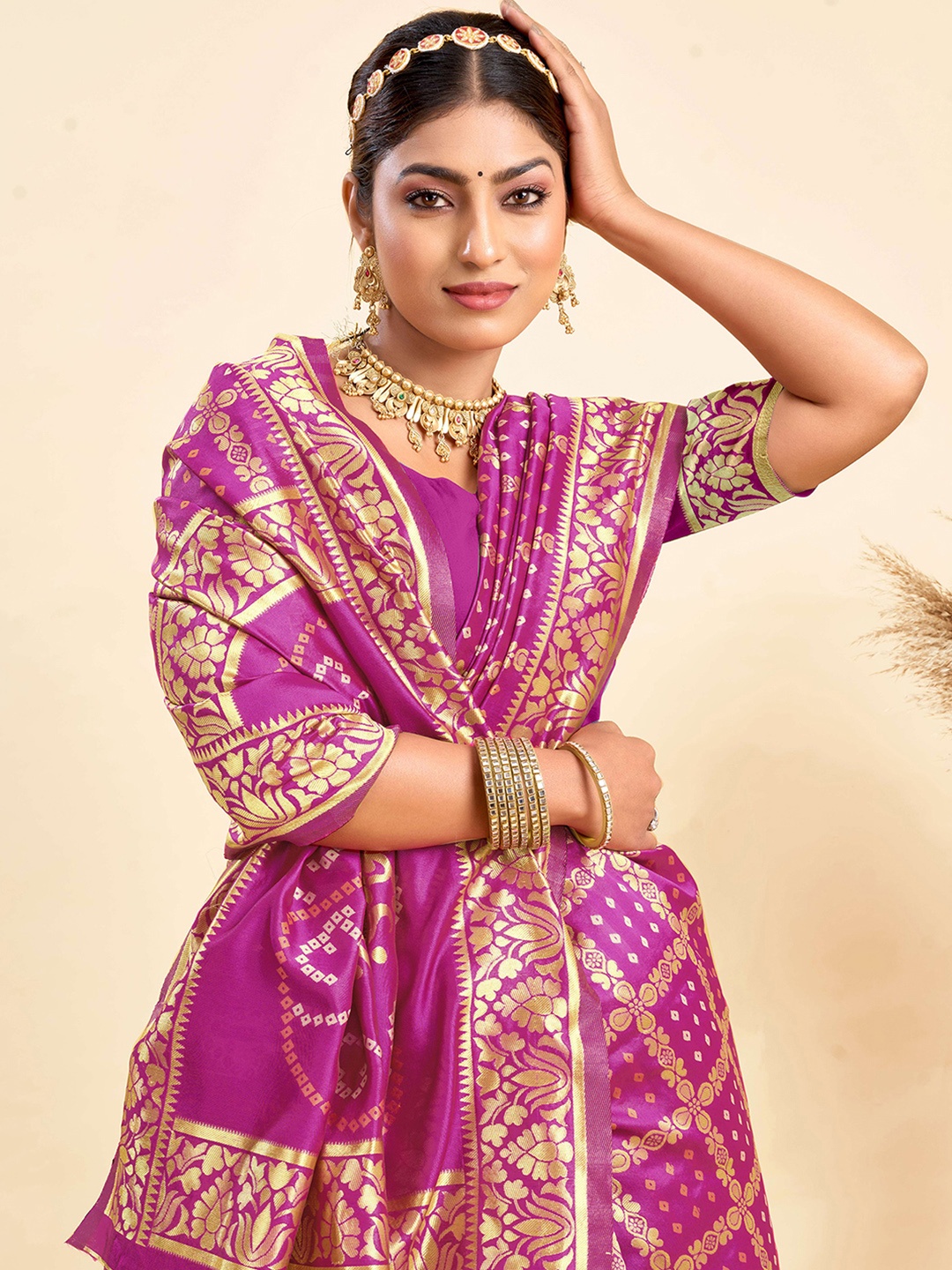 

KALINI Bandhani Printed Woven Design Zari Kanjeevaram Saree With Unstitched Blouse Piece, Pink