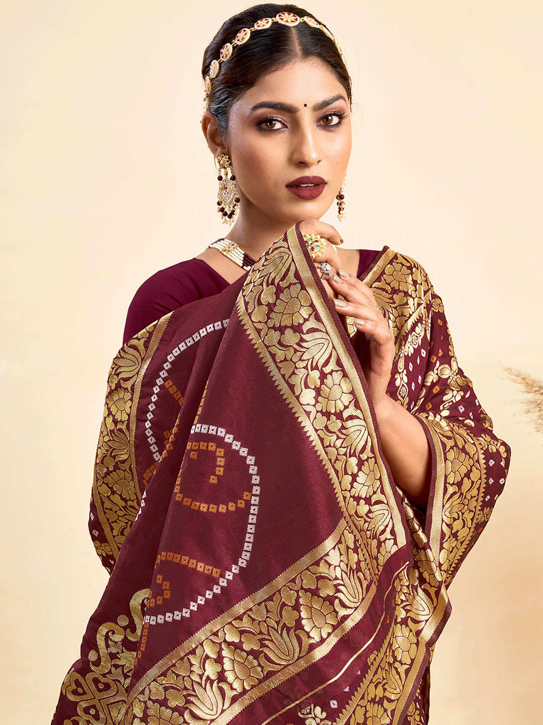 

KALINI Bandhani Zari Kanjeevaram Saree, Maroon