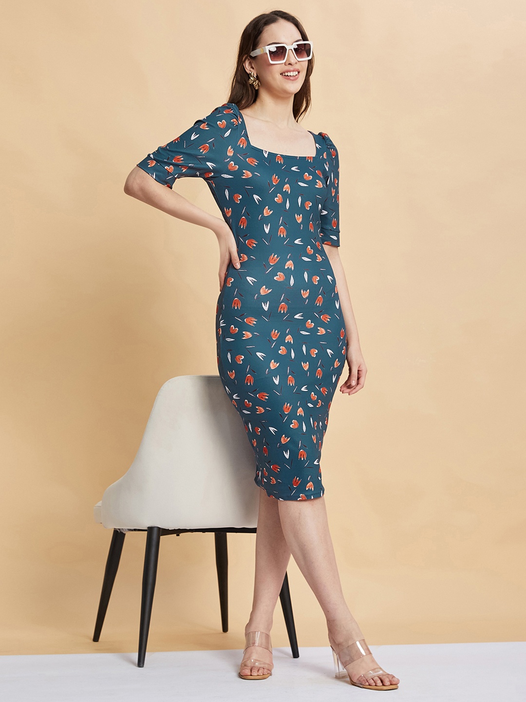 

Moda Rapido Print Puff Sleeve Bodycon Dress, Blue