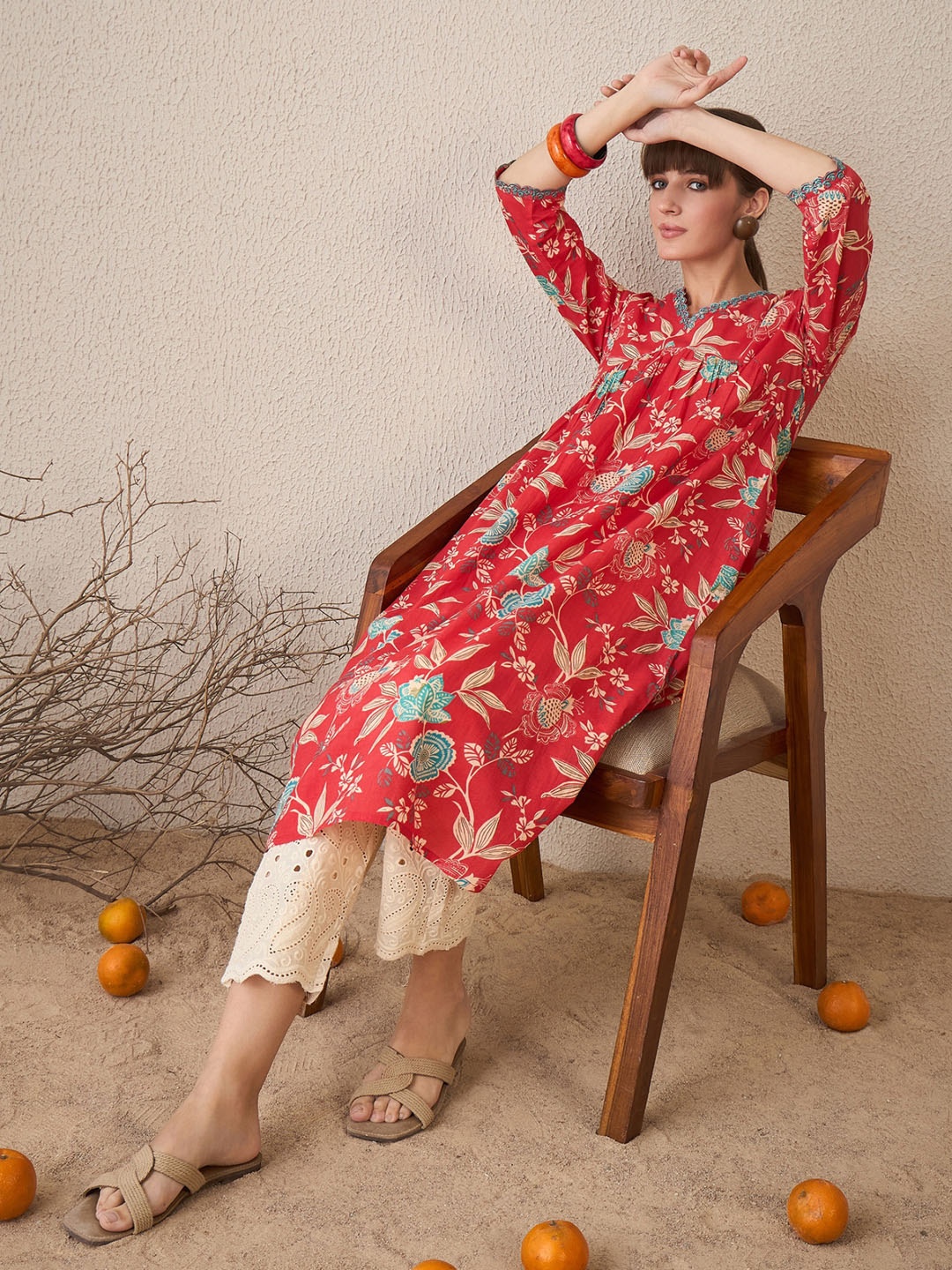 

Indo Era Floral Printed V Neck Pure Cotton A-Line Kurta, Pink