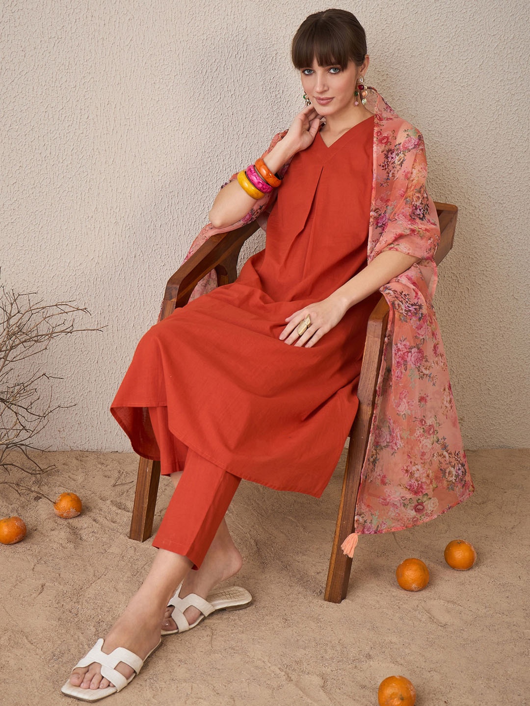 

Indo Era Women Floral Regular Pure Cotton Kurta with Trousers & With Dupatta, Rust
