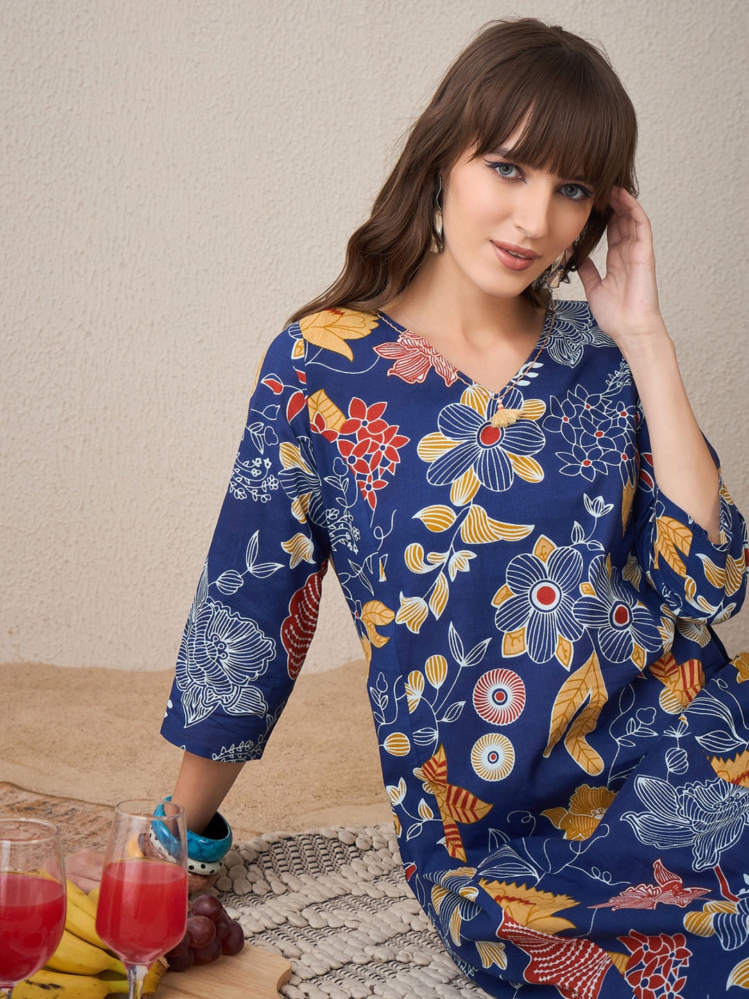 

Indo Era Women Floral Printed Regular Pure Cotton Kurta with Trousers, Blue