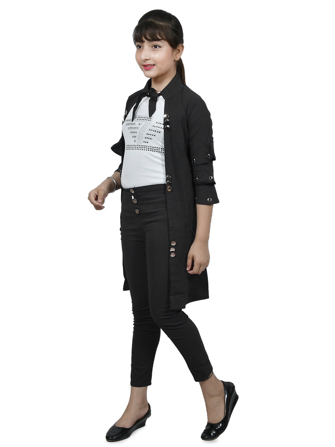 

MYKUKI Girls Mandarin Collar Shrug With Trouser & Inner-Top, Black
