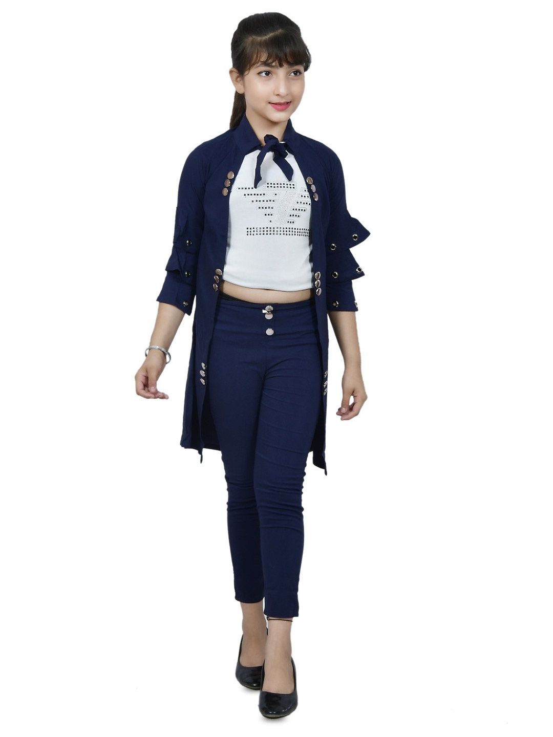 

MYKUKI Girls Mandarin Collar Shrug With Trouser & Inner-Top, Navy blue
