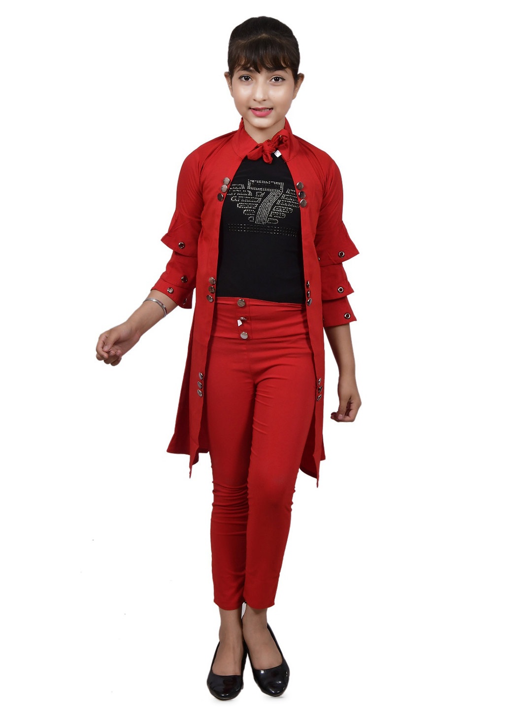 

MYKUKI Girls Mandarin Collar Shrug With Trouser & Inner-Top, Red