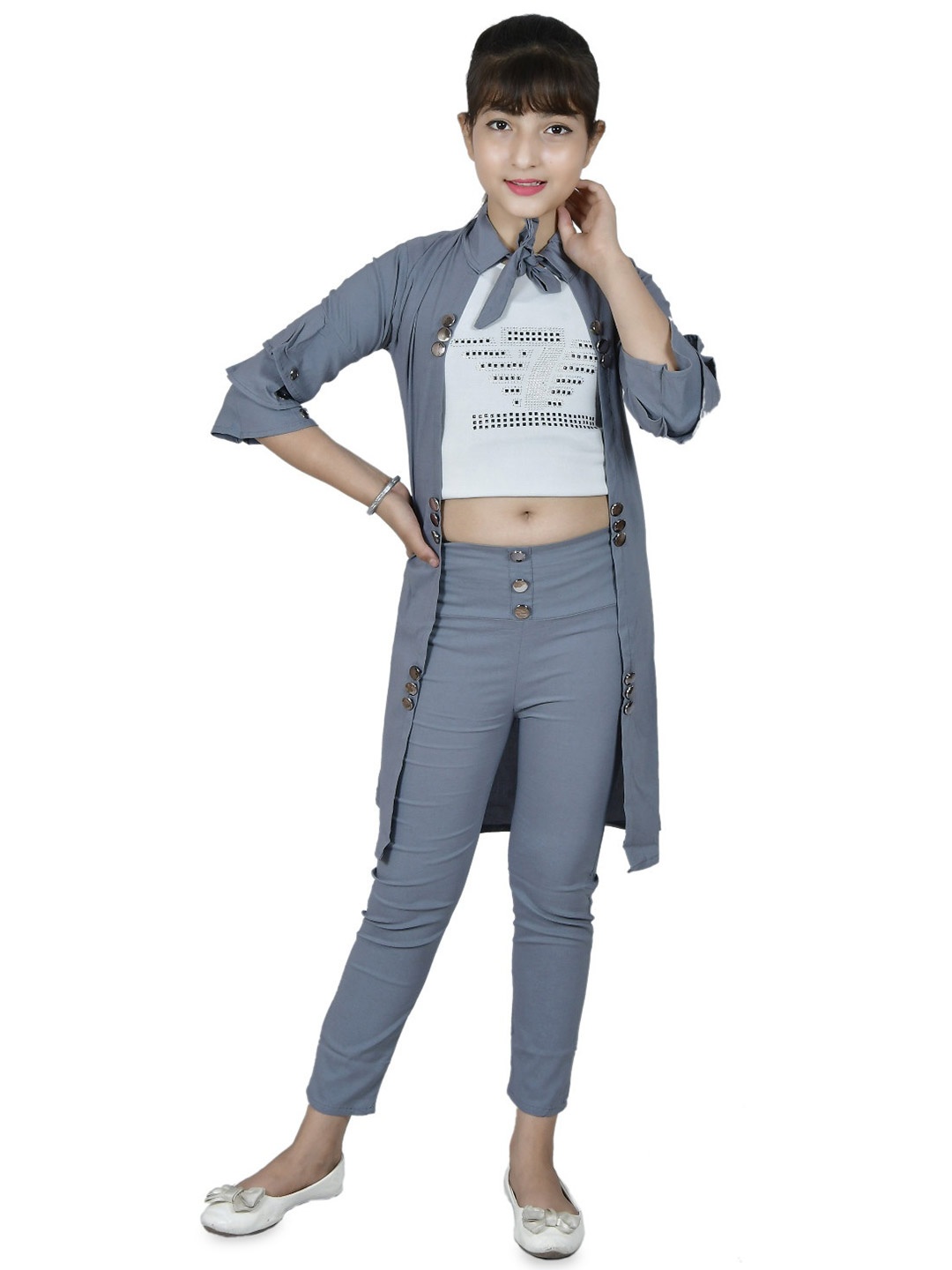 

MYKUKI Girls Mandarin Collar Shrug With Trouser & Inner-Top, Grey