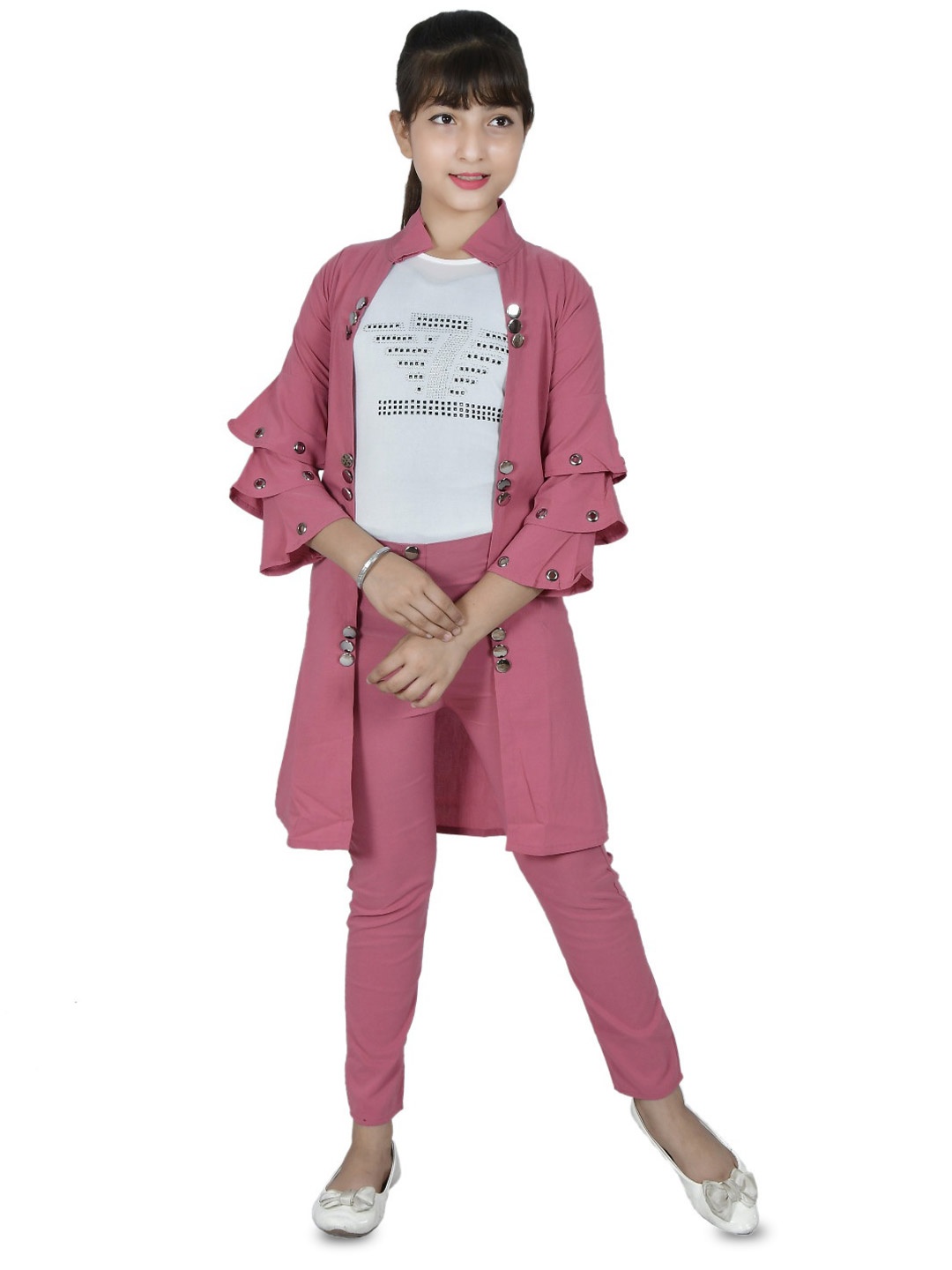 

MYKUKI Girls Mandarin Collar Shrug With Trouser & Inner-Top, Pink