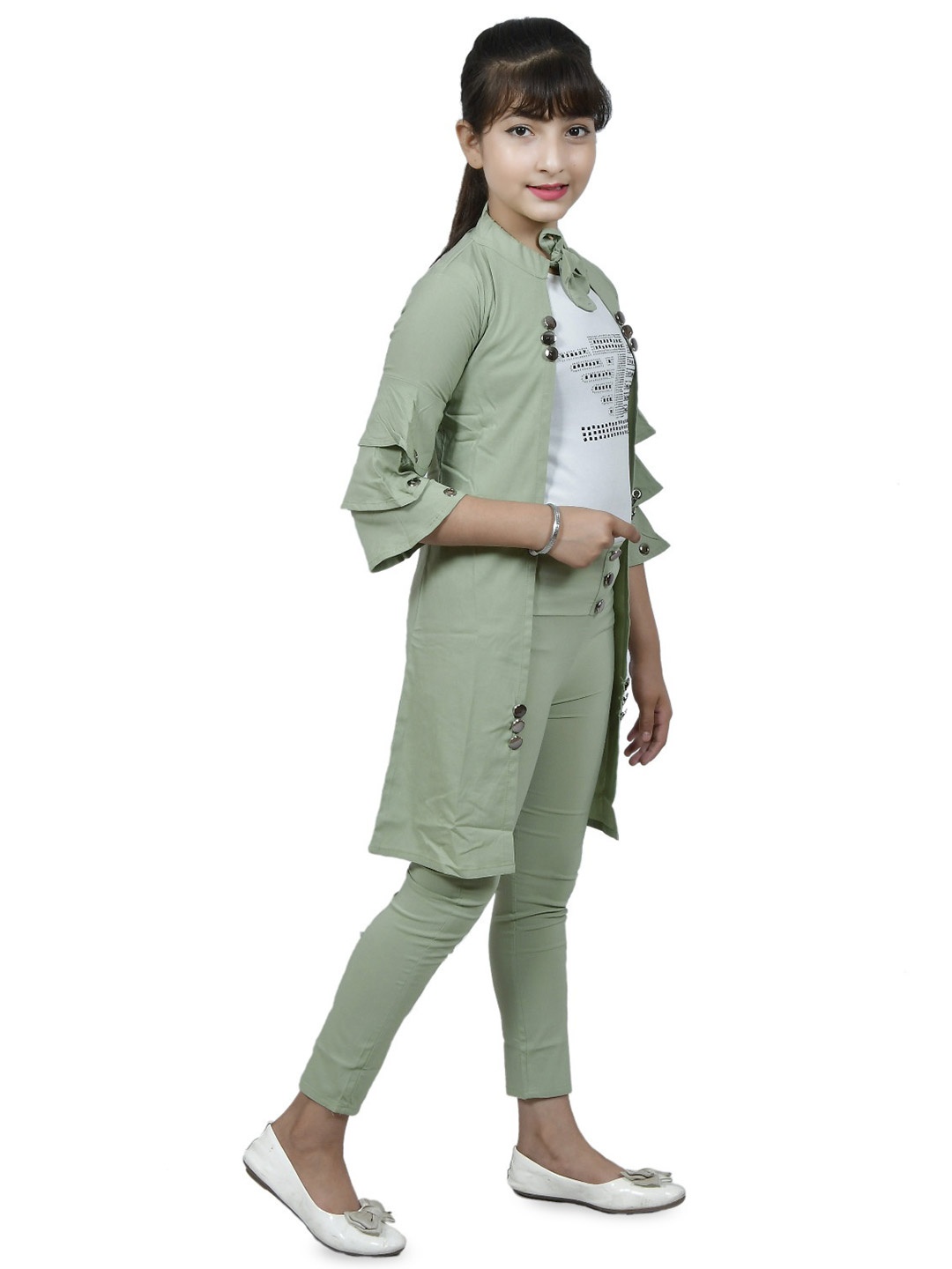 

MYKUKI Girls Mandarin Collar Shrug With Trouser & Inner-Top, Green