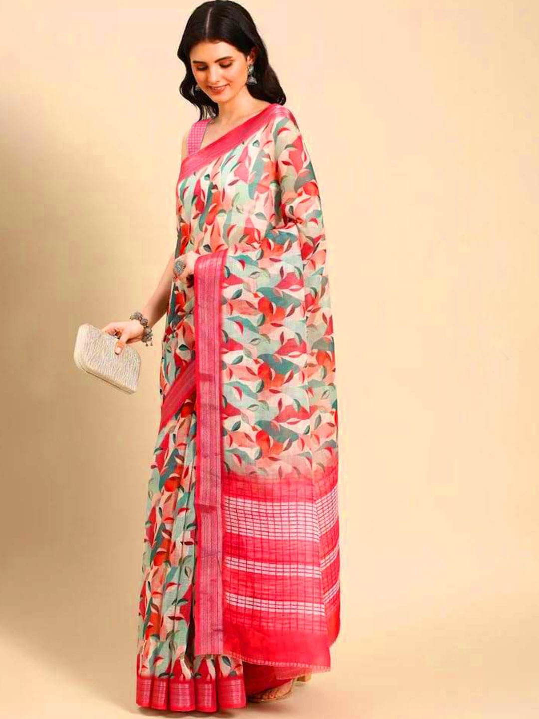 

Nimidiya Floral Printed Zari Pure Cotton Saree, Pink