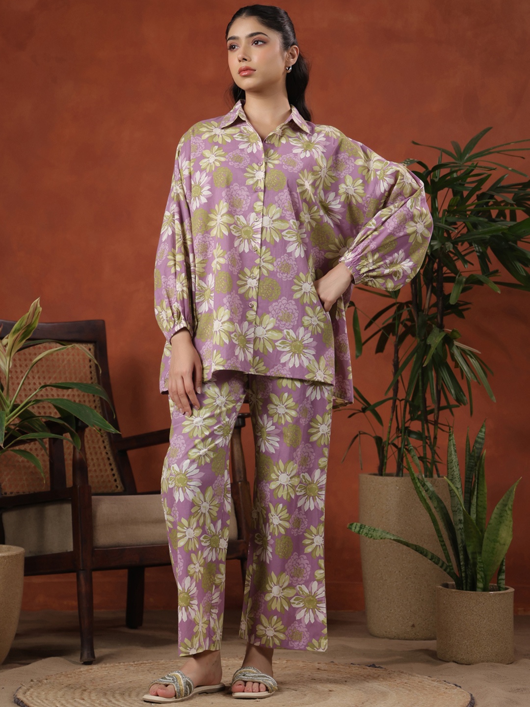 

anayna Floral Printed Shirt Collar Pure Cotton Shirt With Trousers, Purple