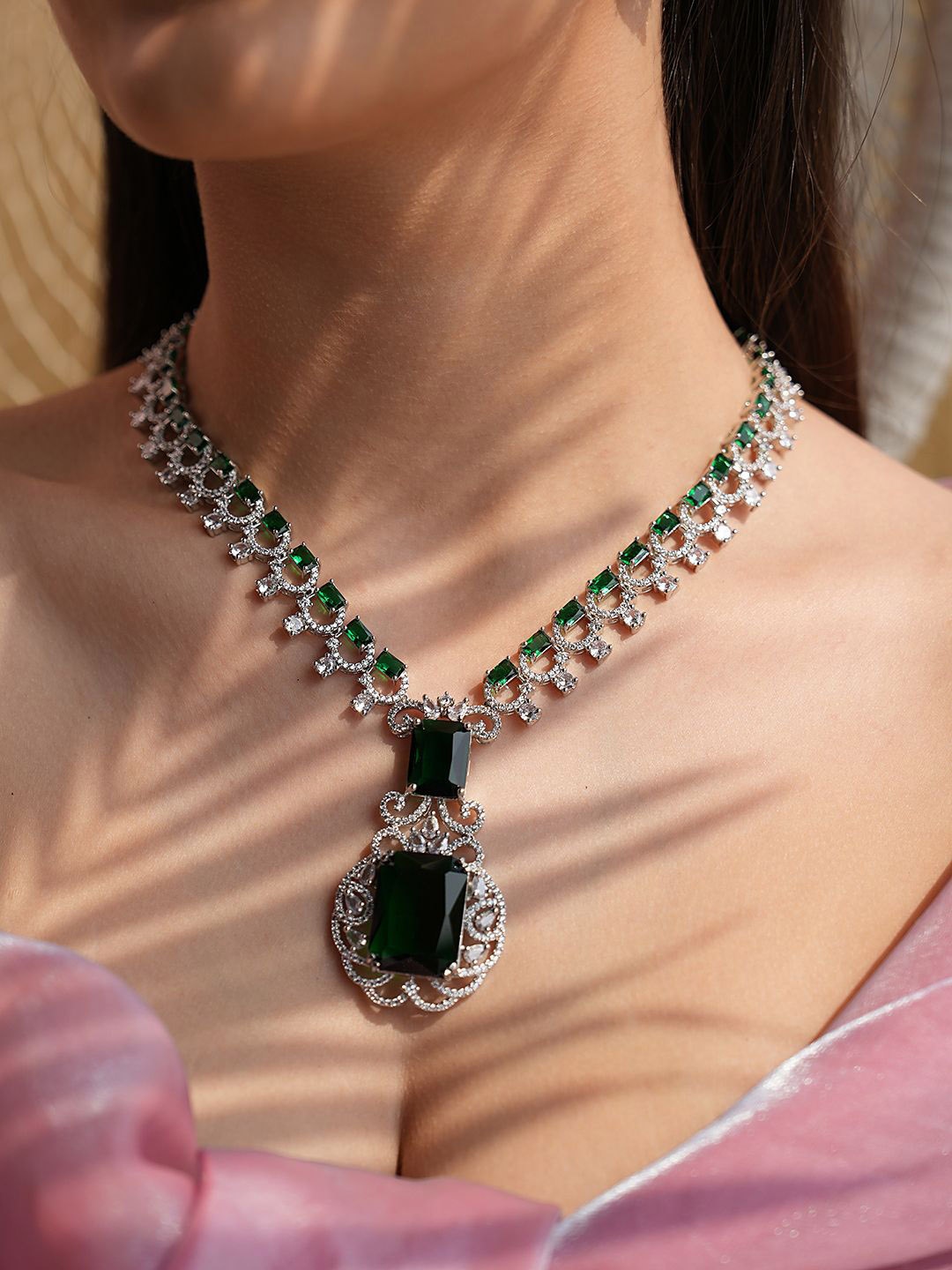 

Binnis Wardrobe Silver Plated Emerald Studded Necklace With Earrings