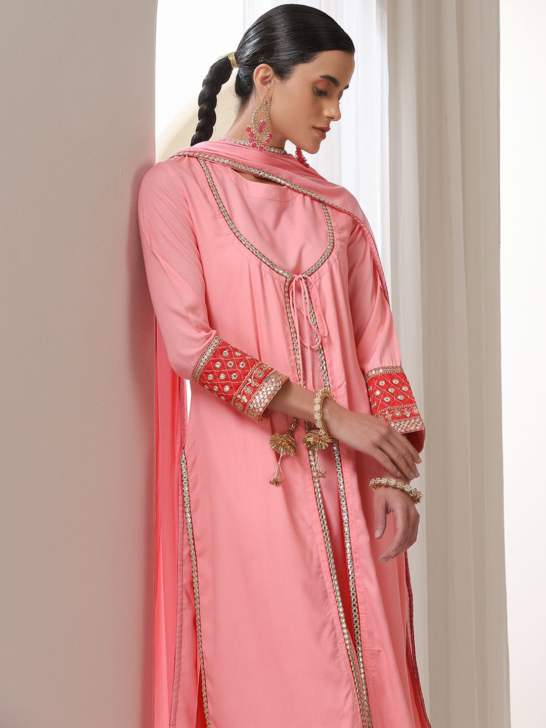 

Khushal K Floral Embroidered Sequinned Jacket Straight Kurta With Palazzos & Dupatta, Pink