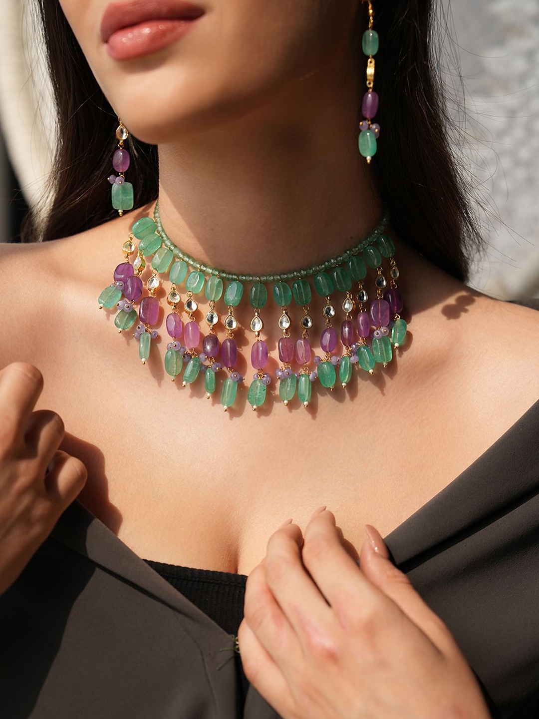 

Binnis Wardrobe Precious Stone Studded Necklace & Earrings, Blue