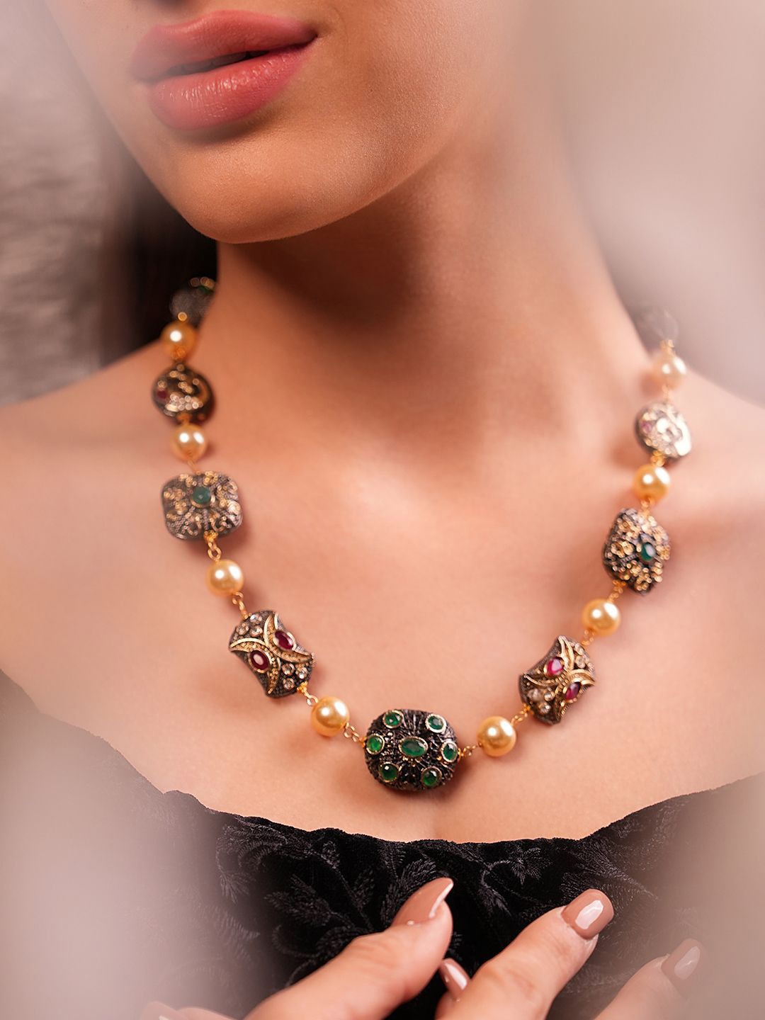 

Binnis Wardrobe Gold Plated Pearl Quartz Studded Necklace And Earrings, Black