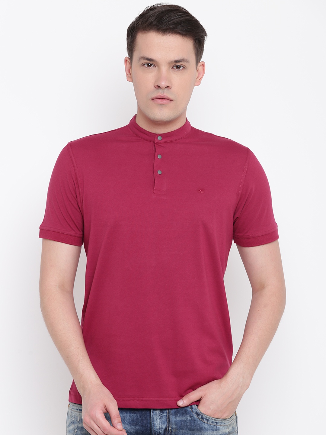 

Peter England Men Burgundy Solid Mandarin Collar T-shirt