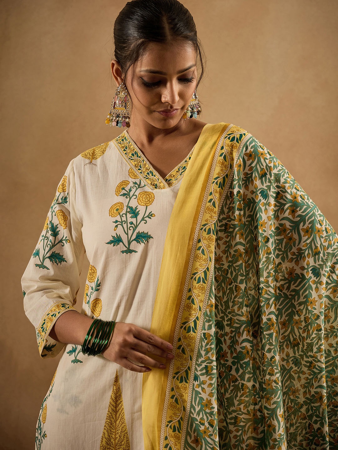 

Indo Era Floral Printed V-Neck Pure Cotton Straight Kurta With Trousers & Dupatta, White
