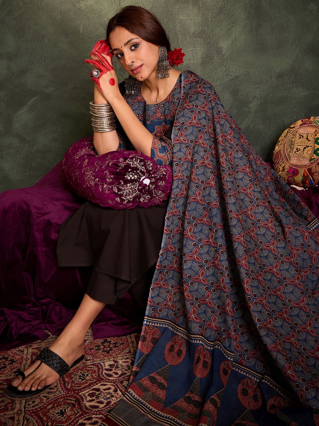 

Indo Era Floral Printed Round Neck Cotton Straight Kurta With Trousers & Dupatta, Brown