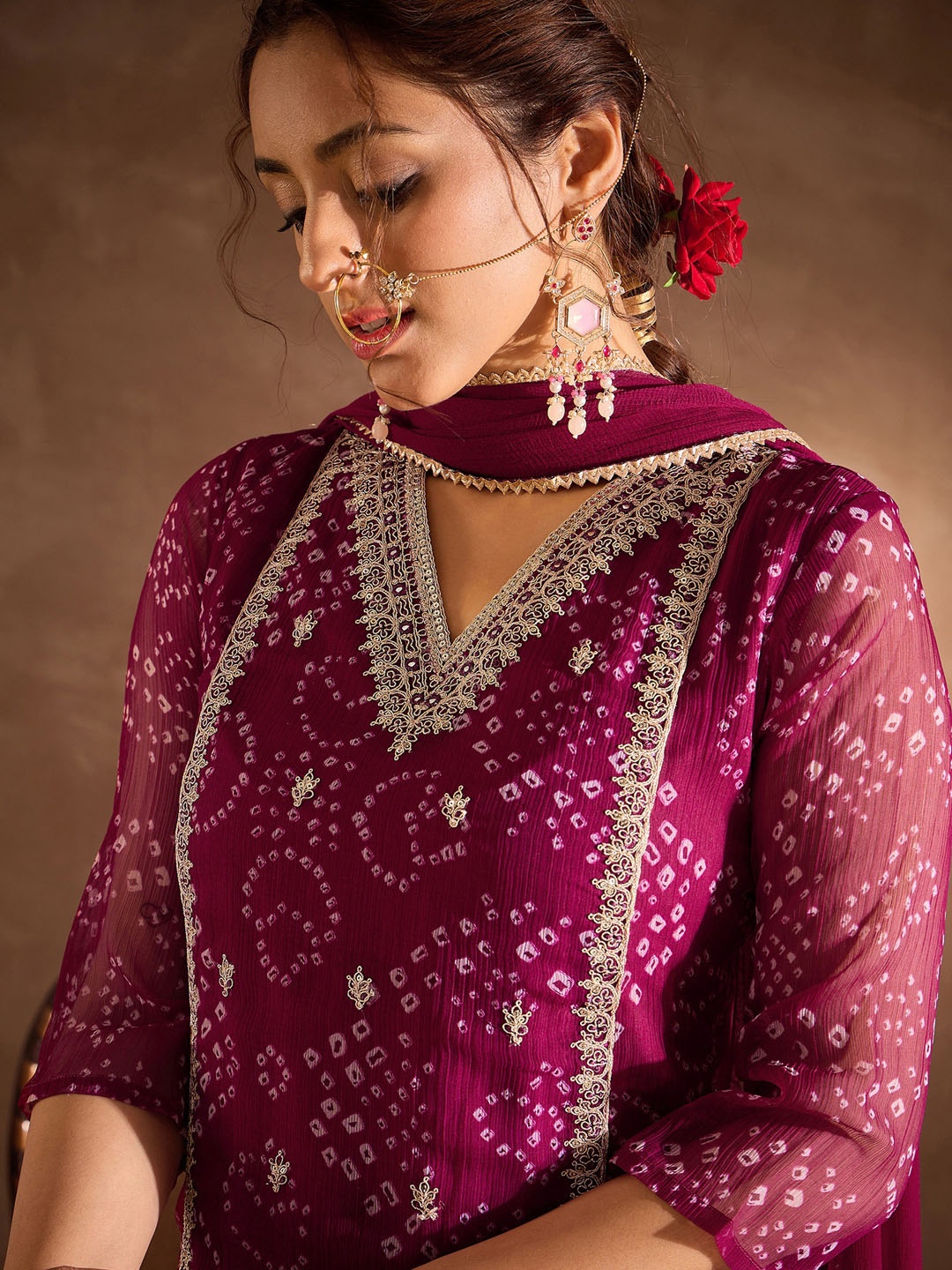 

Indo Era Bandhani Printed V-Neck Zari Silk Chiffon Straight Kurta With Trousers & Dupatta, Burgundy