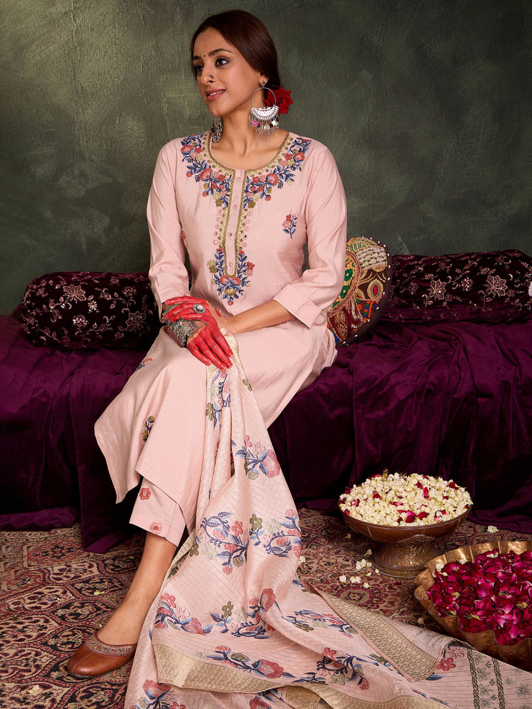 

Indo Era Floral Embroidered Thread Work Straight Kurta With Trousers And Dupatta, Pink