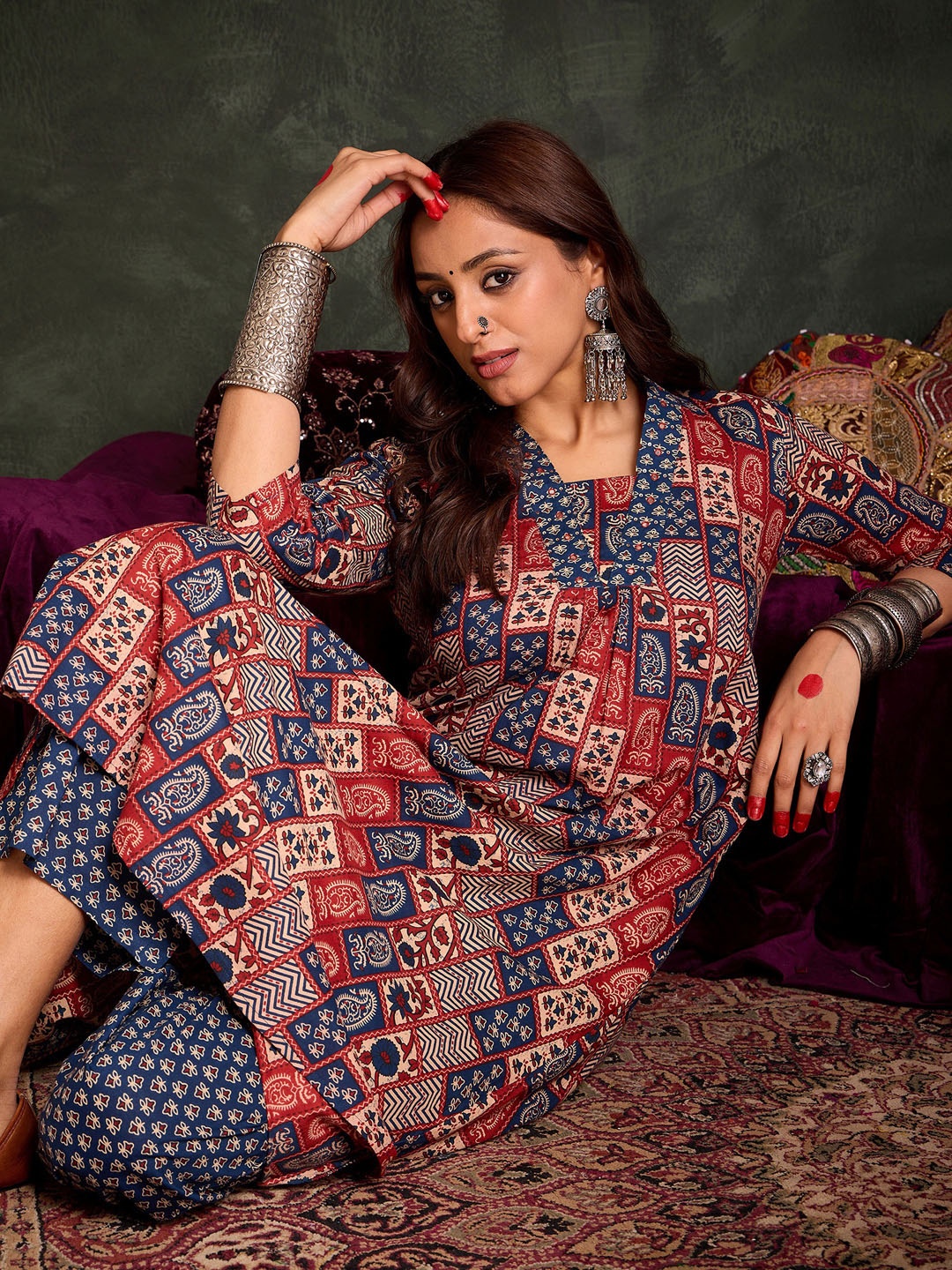 

Indo Era Ethnic Motifs Printed Pure Cotton Kurta With Trousers, Blue