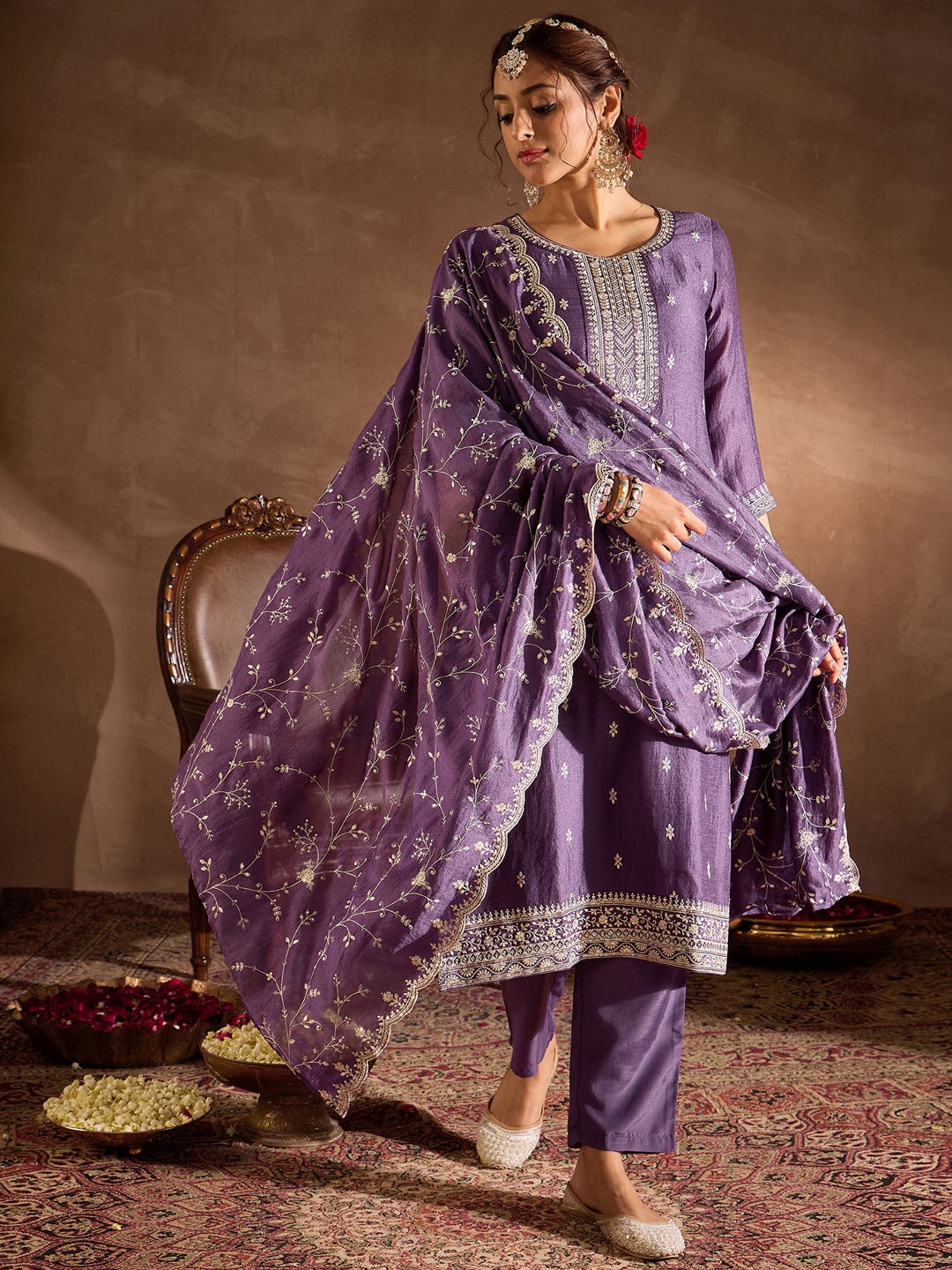 

Indo Era Floral Embroidered Thread Work Straight Kurta With Trousers & Dupatta, Purple